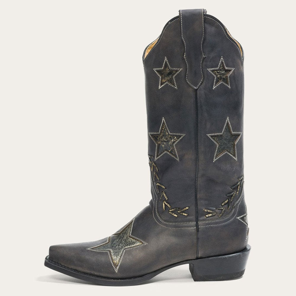 Distressed Black Snip Toe Stitching Star Inlay Mid-Calf Cowgirl Boots