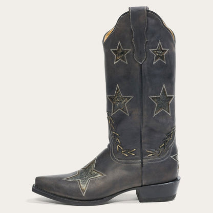 Distressed Black Snip Toe Stitching Star Inlay Mid-Calf Cowgirl Boots