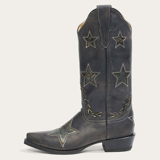Distressed Black Snip Toe Stitching Star Inlay Mid-Calf Cowgirl Boots