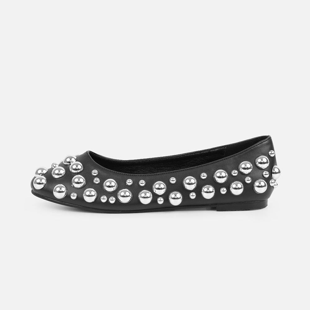 Black Vegan Leather Round Toe Flats with Silver Studs