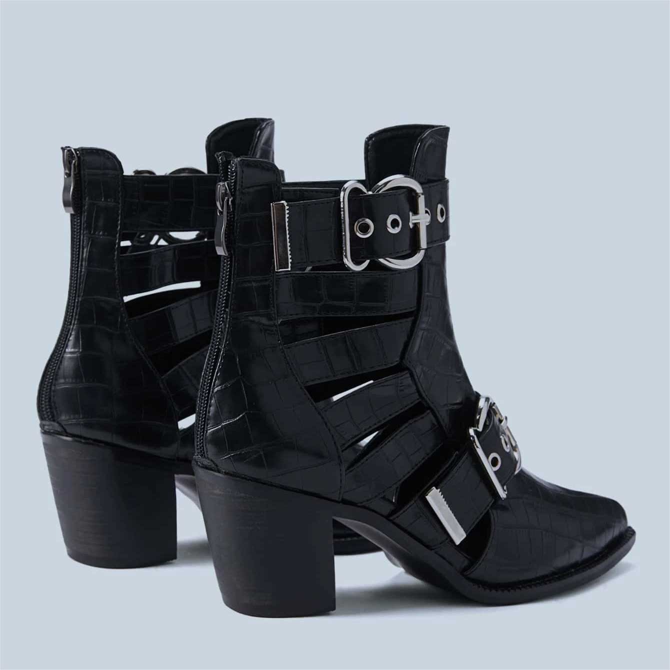 Black Croco Embossed Ankle Boots Cut Out Buckle Heeled Booties