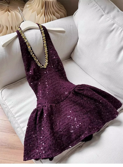 Vintage Purple Sequin Halter Dress Design A-line Party Dress Homecoming Dress TP3835