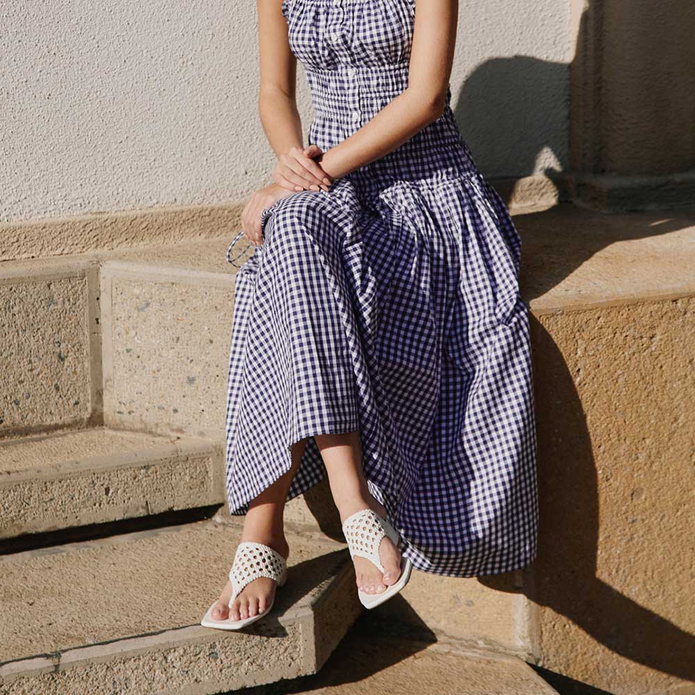 White Woven Open Square Toe Block Heel Flip Flops for Women