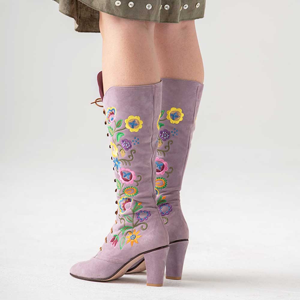 Lavender Closed-Toe Lace-Up Flower Embroidered Mid Calf Boots