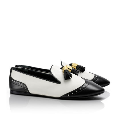 Black and White Flat Women's Loafers Tassels Round Toe Wingtip Shoes