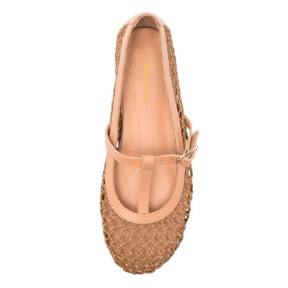 Nude Raffia Woven Cut-Out T-Strap Ballet Flats with Rhinestone Buckle
