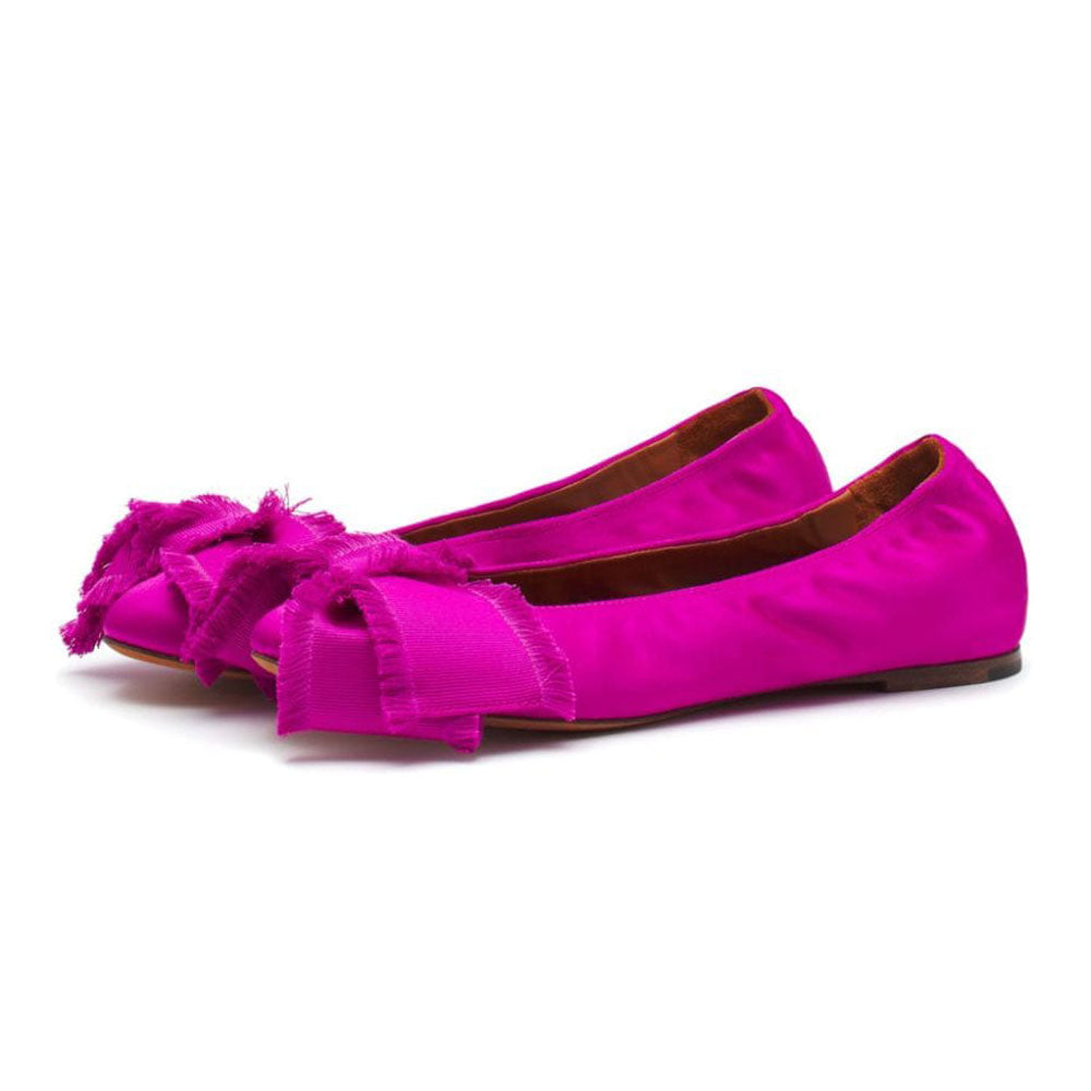 Fuchsia Satin Almond Toe Bow Decor Ballet Flats for Women