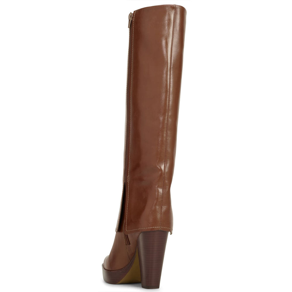 Brown Pointed Toe Fold-over Platform Knee High Boots with Block Heel