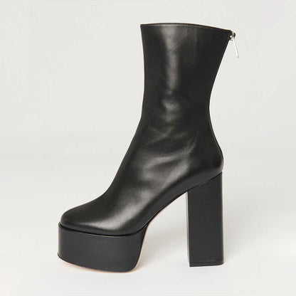 Black Round Toe Block Heel Platform Ankle Boots with Back Zip