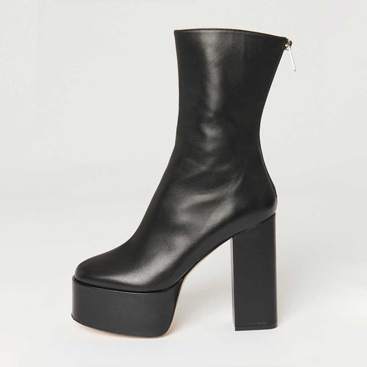 Black Round Toe Block Heel Platform Ankle Boots with Back Zip
