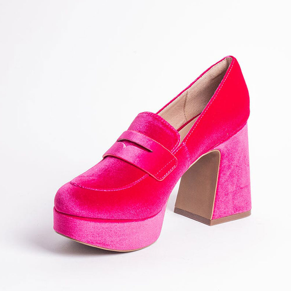 Hot Pink Velvet Round Toe Block Heel Platform Penny Loafers Women