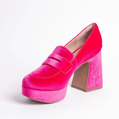 Hot Pink Velvet Round Toe Block Heel Platform Penny Loafers Women
