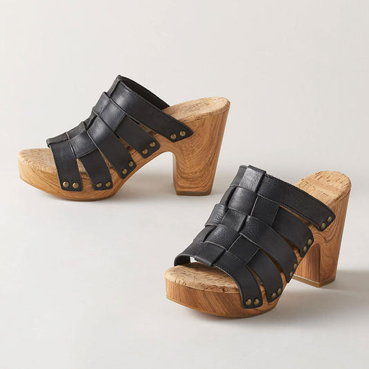 Black Woven Clog Heels Open Toe Slip On Platform Women's Slide Sandals