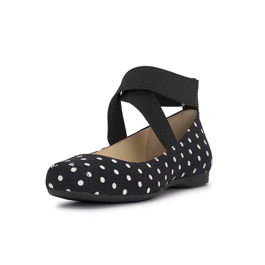 Black Square Toe Stretchy Crisscross Strap Ballet Flats with Polka Dot