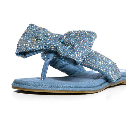 Blue Denim Open Toe Rhinestones Bow Thong Sandals Flat Mules