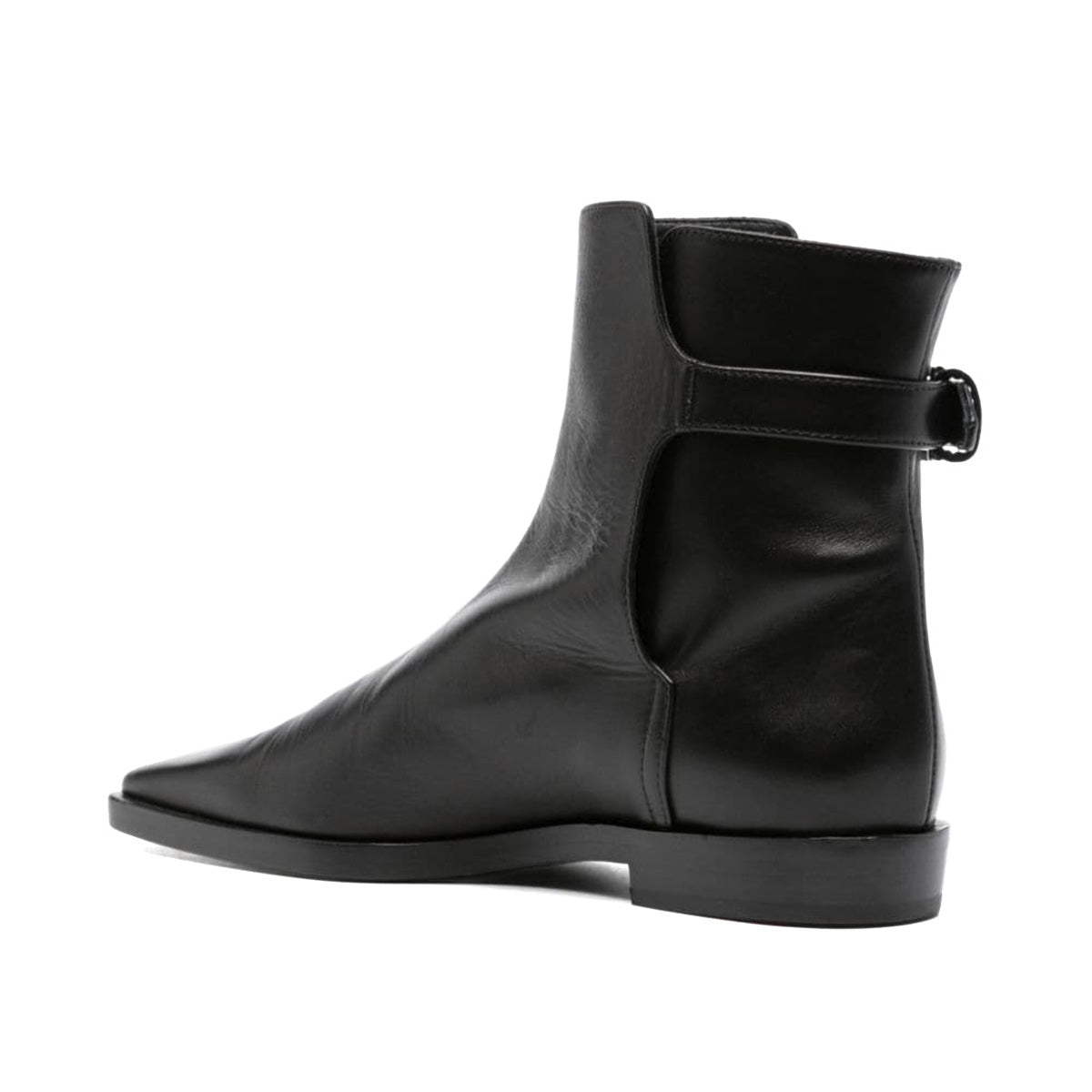 Black Buckle Strap Square Toe Flat Pull-On Ankle Boots for Women