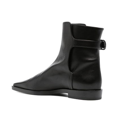 Black Buckle Strap Square Toe Flat Pull-On Ankle Boots for Women