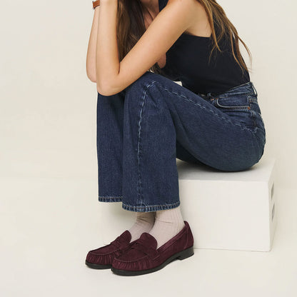 Burgundy Round Toe Flat Ruched Vegan Suede Loafers Women