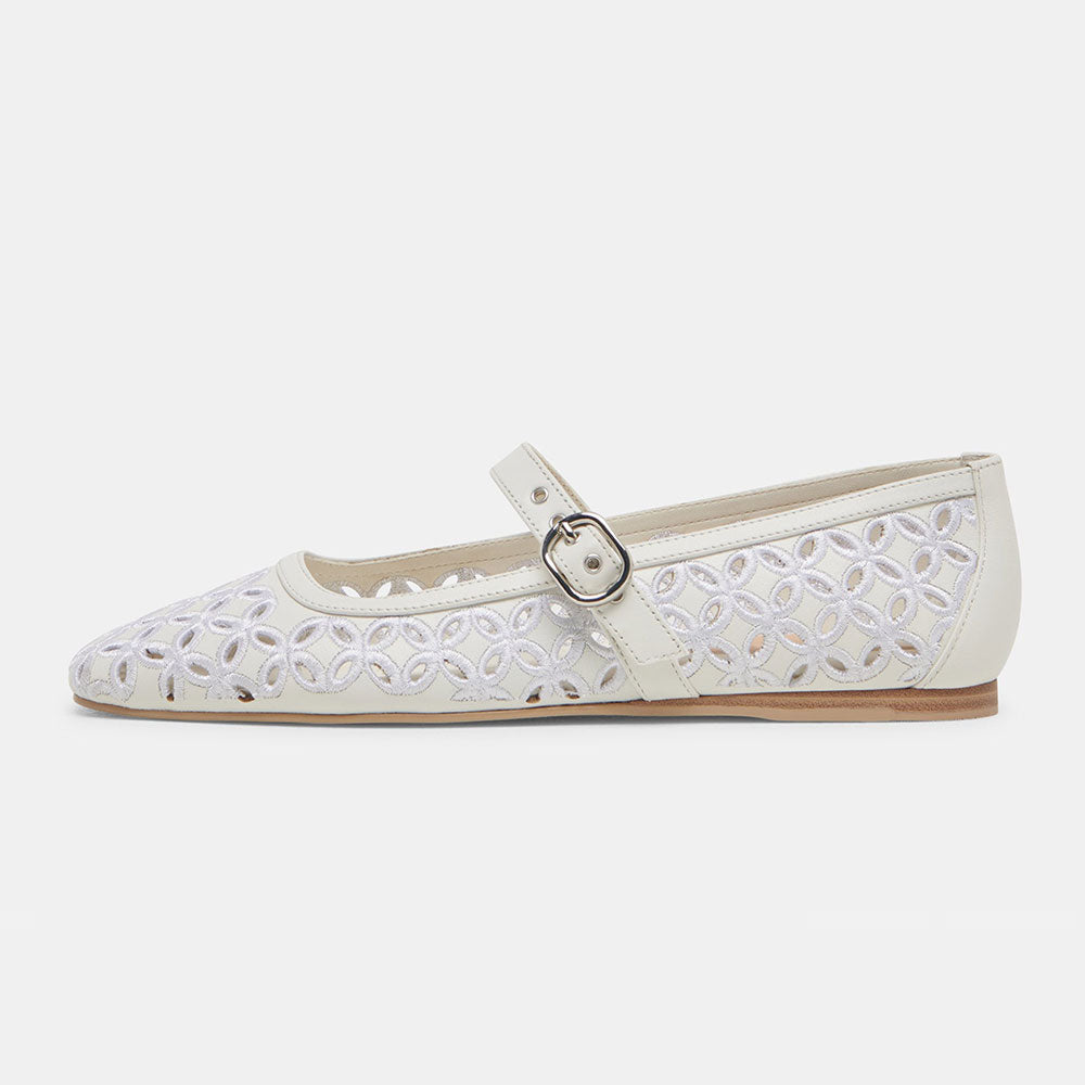FSJ Casual White Sqaure Toe Cut-Out Ballet Flats with Straps