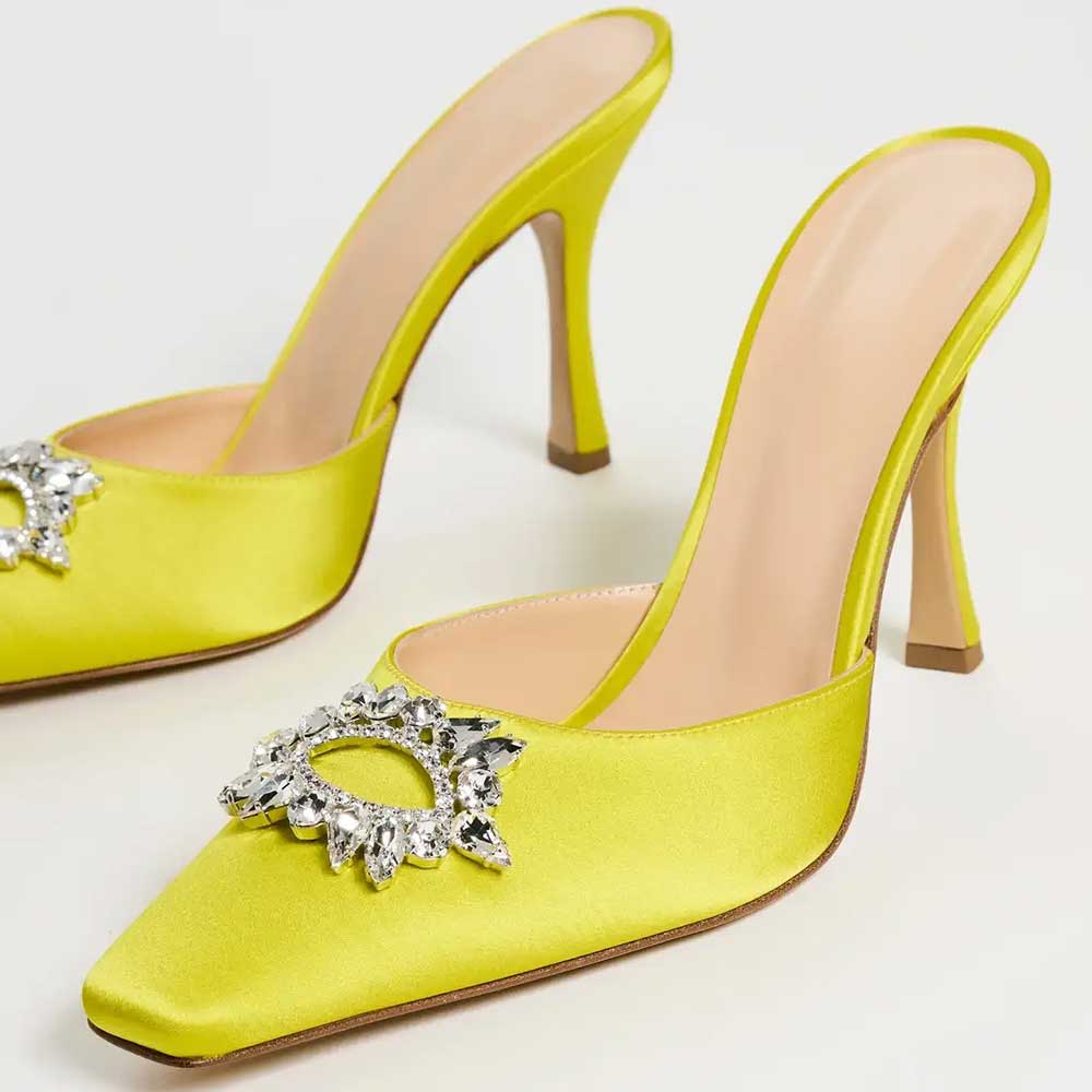 Yellow Square Toe Crystal Embellished Spool Heel Women's Mules Shoes