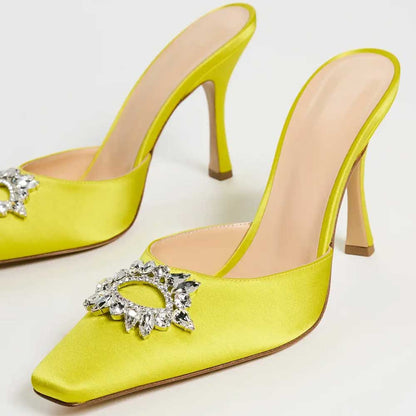 Yellow Square Toe Crystal Embellished Spool Heel Women's Mules Shoes