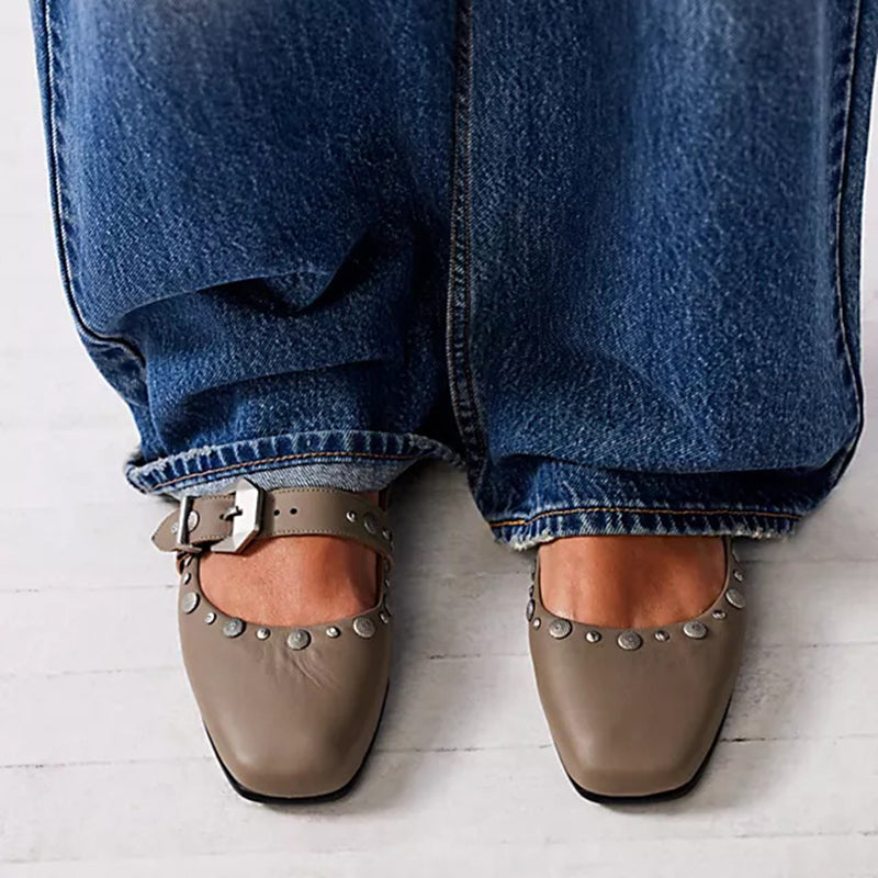 Women's Square Toe Studs Shoes Bucked Ankle Strap Flats in Brown