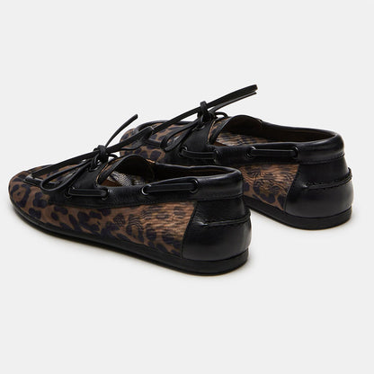 Fashion Lace Up Round Toe Brown Women's Loafer Leopard Flats