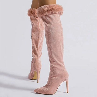 Cute Pointed Toe Faux Fur Trim Stiletto Heel Knee High Boots in Pink