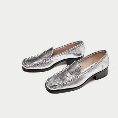 Silver Square Toe Low Heel Slip-On Penny Loafers for Women