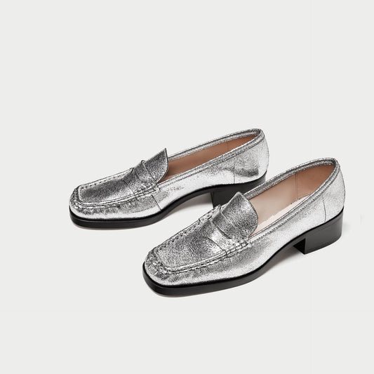 Silver Square Toe Low Heel Slip-On Penny Loafers for Women