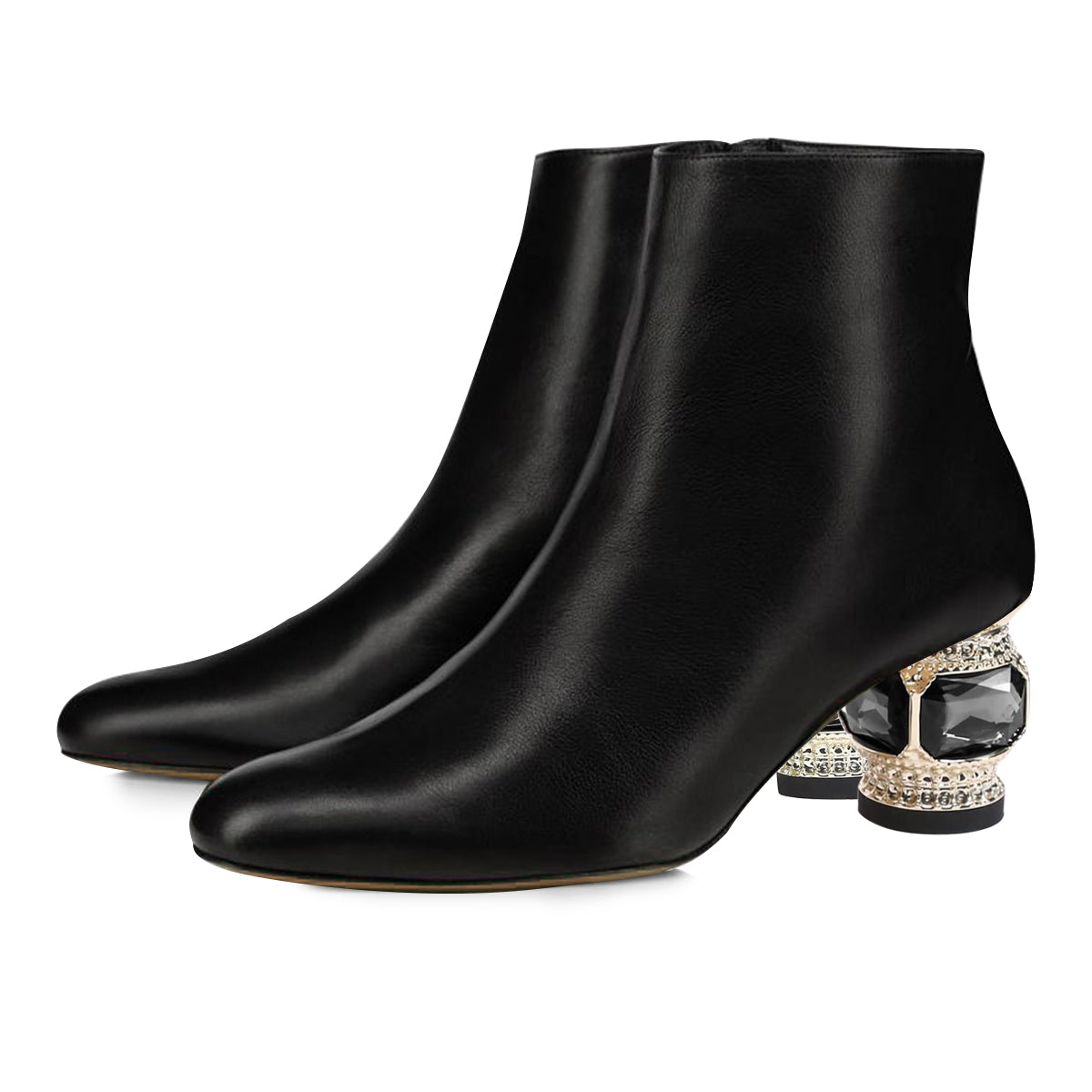 Black Pointed Toe Decorative Heel Side-Zip Shiny Elegant Ankle Boots