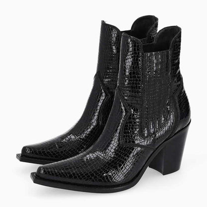 Black Snip Toe Python Embossed Chelsea Western Heeled Ankle Boots