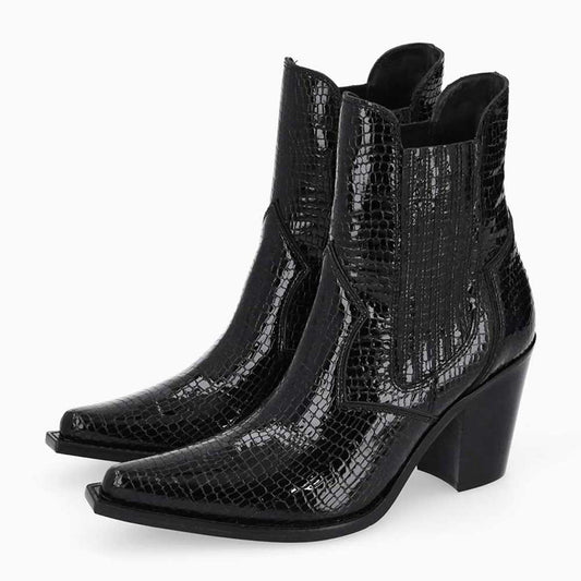 Black Snip Toe Python Embossed Chelsea Western Heeled Ankle Boots