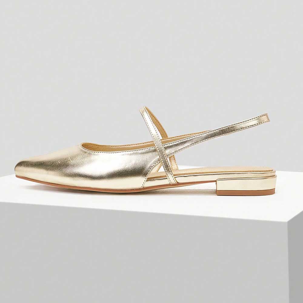 Gold Metallic Shoes Pointed Toe Slingback Flats with Elastic Strap