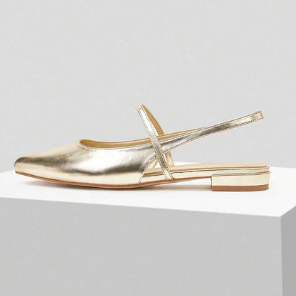 Gold Metallic Shoes Pointed Toe Slingback Flats with Elastic Strap