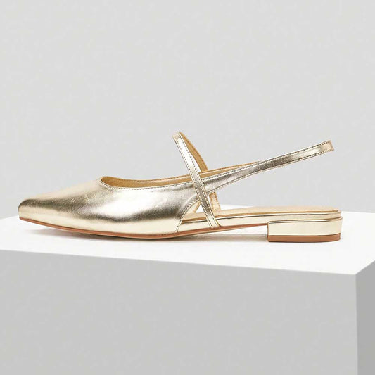 Gold Metallic Shoes Pointed Toe Slingback Flats with Elastic Strap