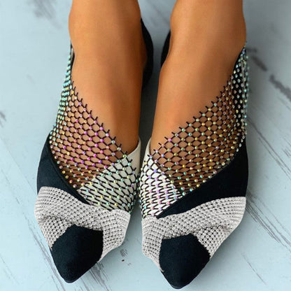 Black Colorblock Pointed Toe Hallow Flats With Rhinestone Bow Decor Flats