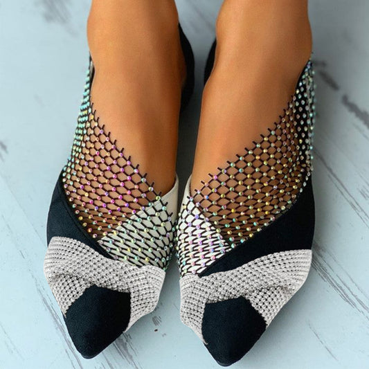 Black Colorblock Pointed Toe Hallow Flats With Rhinestone Bow Decor Flats