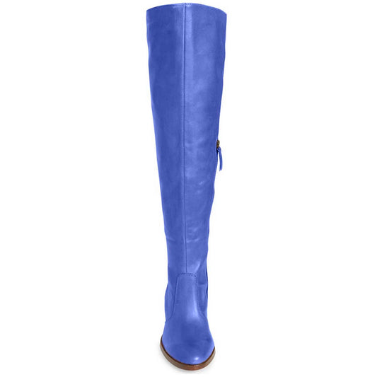 Classic Cobalt Blue Round Toe Block Heel Knee High Boots for Women