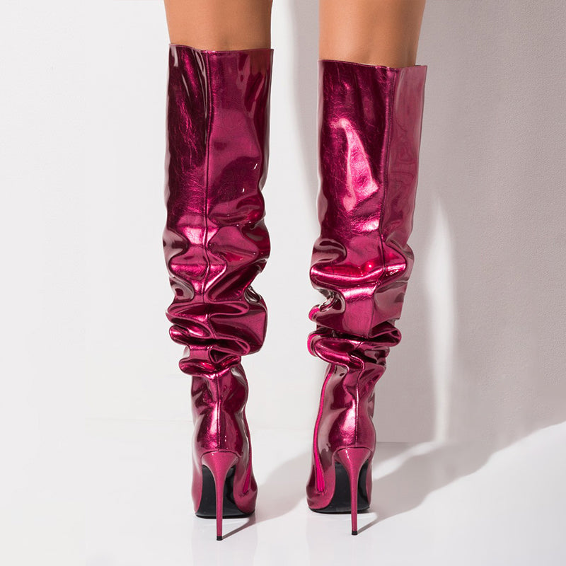 Fuchsia Slouch Boots Stiletto Heel Knee High Boots