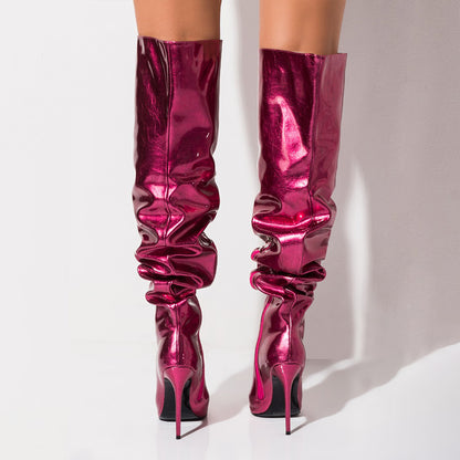 Fuchsia Slouch Boots Stiletto Heel Knee High Boots
