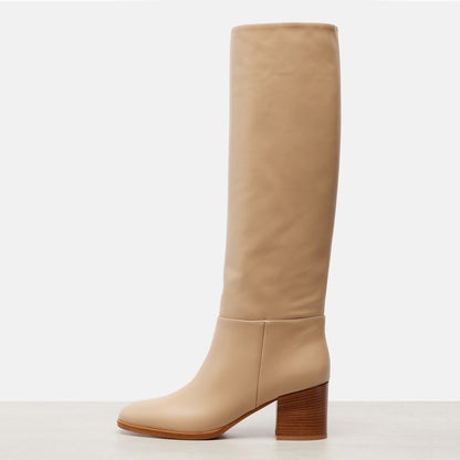 Classic Khaki Block Heel Vegan Leather Knee High Boots for Women