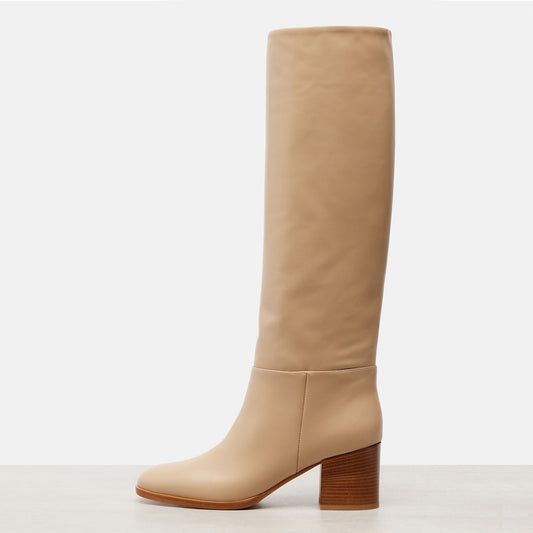 Classic Khaki Block Heel Vegan Leather Knee High Boots for Women