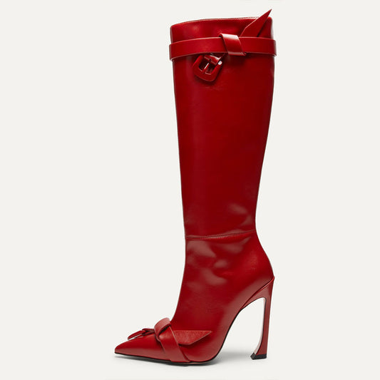 Striking Red Pointy Toe 4 Inch Heel Knee High Boots with Buckle Knots