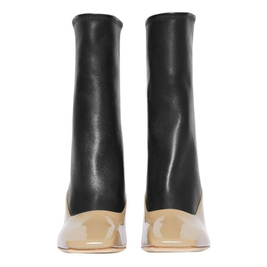 Black and Nude Patent Leather Cone Heel Ankle Boots