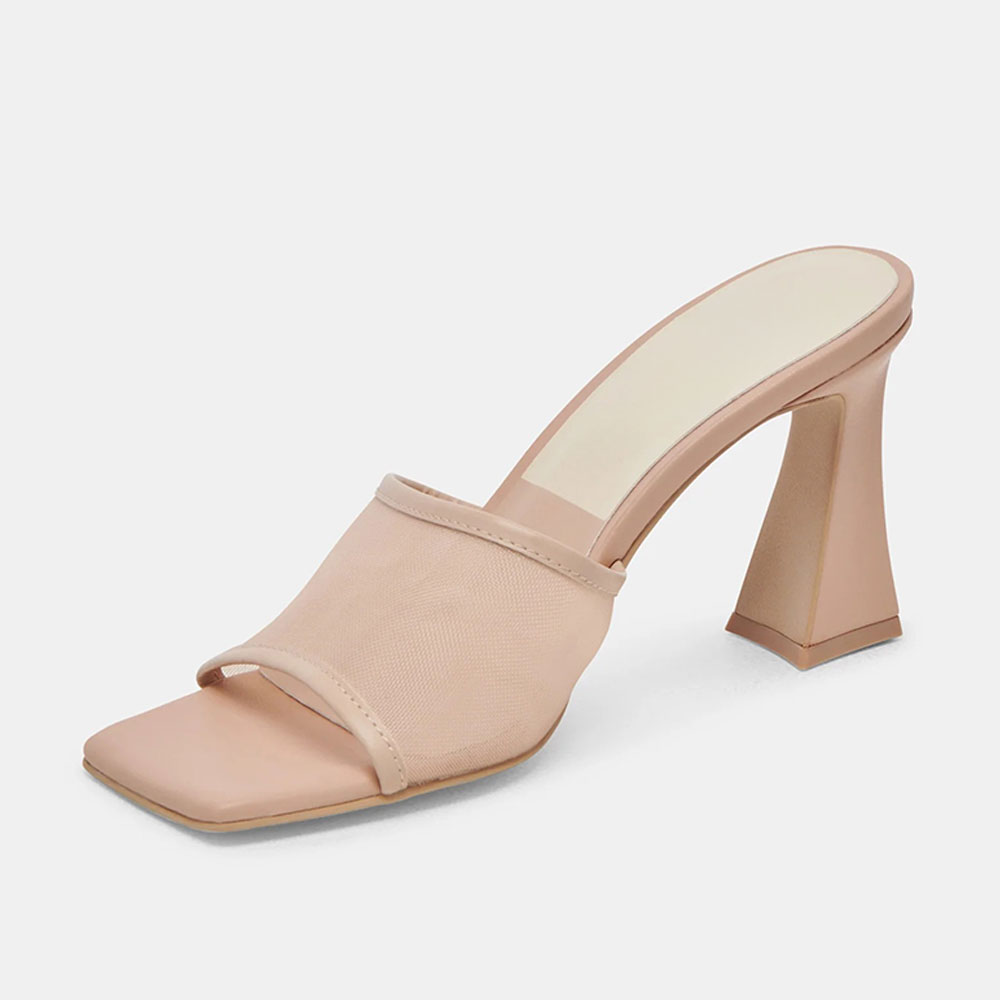 Women's Nude Open Square Toe Sandals Slip-On Mesh Mule Heels
