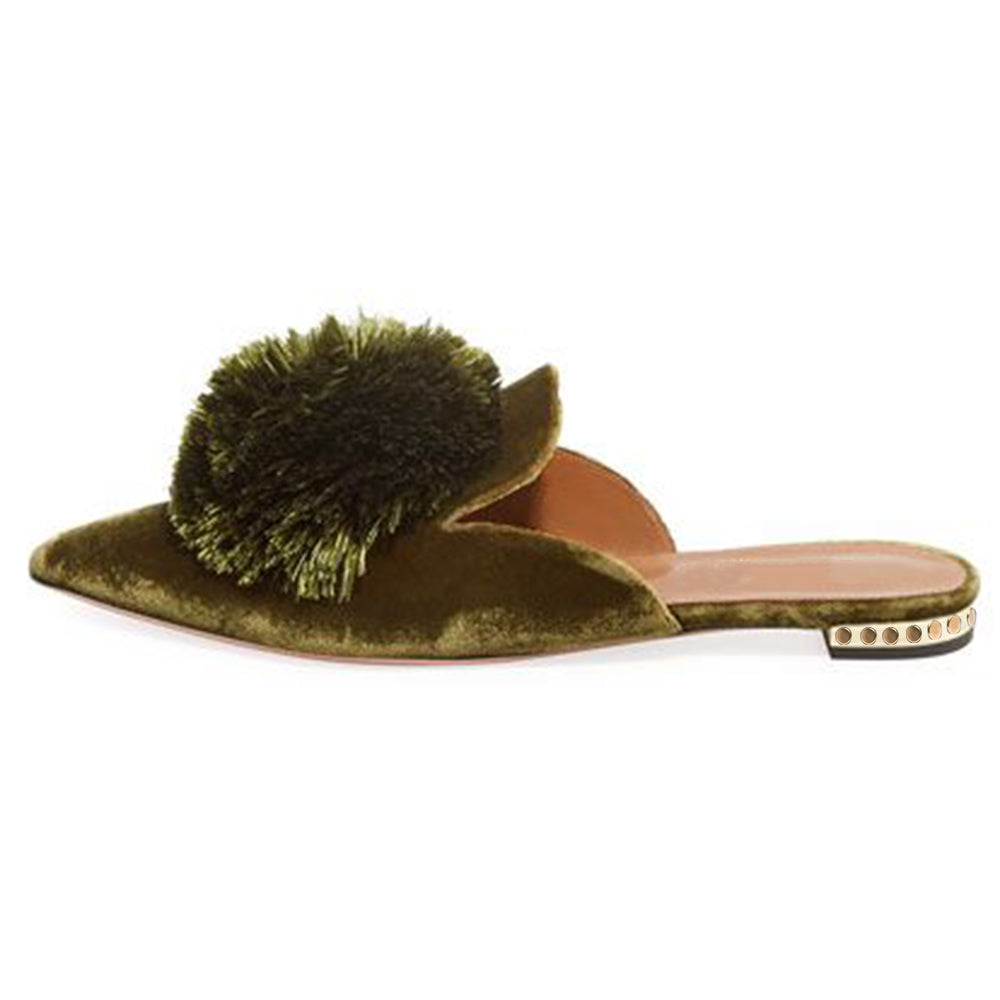 Dark Green Pointed Toe Mules With Furry Women Flats