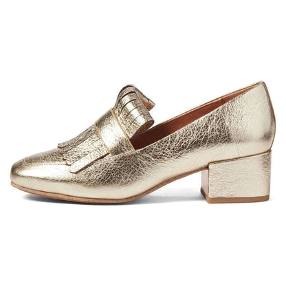 Champagne Square Toe Chunky Heel Fringe Women's Loafers