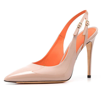 Women's Patent Leather Slingback Stilettos Cut Out Detail Nude Pumps