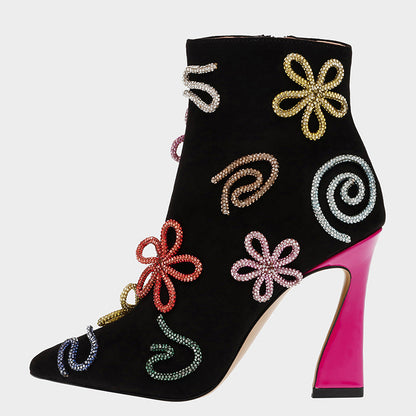 Black Spool Heel Multicolor Rhinestone Flower Ankle Boots for Women